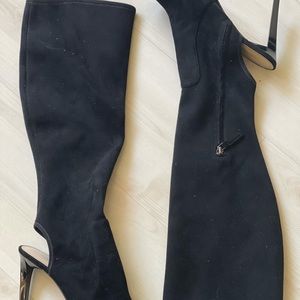 Black below the knew open toe and open back boots!